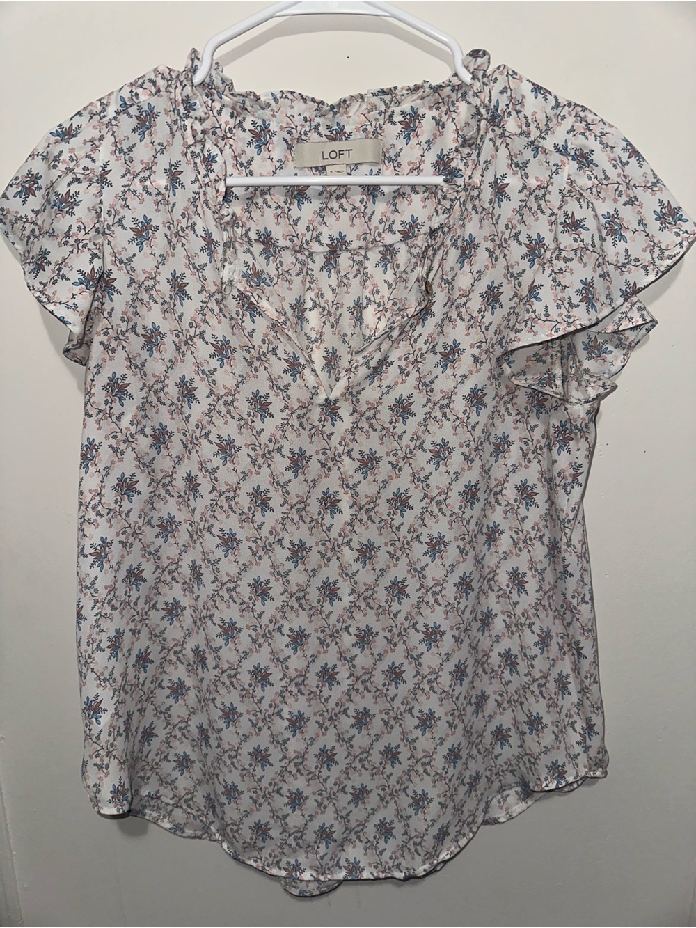 LOFT Cream Blouse with Blue and Brown Floral Print